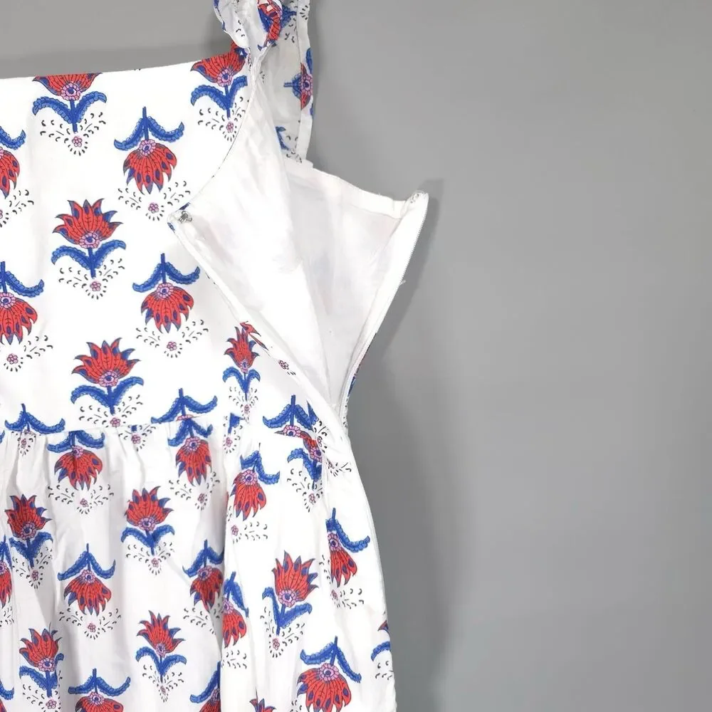 J.CREW‎ Midi Dress Size 14 White Floral Ruffle Sleeve Smocked Cotton Red Blue